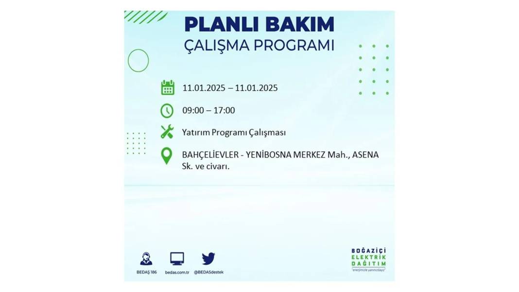 11 Ocak Cumartesi elektrik kesintisi: BEDAŞ 11 Ocak Cumartesi günü elektrik kesintisi yaşayacak ilçeleri sıraladı 21