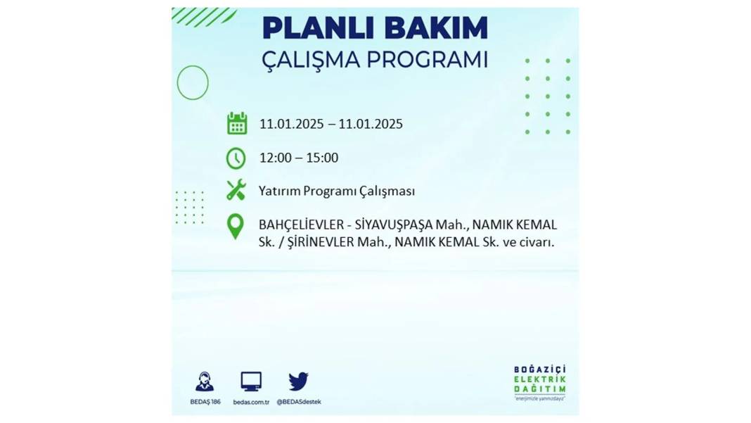 11 Ocak Cumartesi elektrik kesintisi: BEDAŞ 11 Ocak Cumartesi günü elektrik kesintisi yaşayacak ilçeleri sıraladı 20