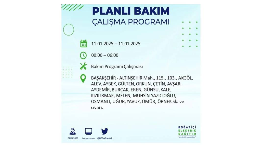 11 Ocak Cumartesi elektrik kesintisi: BEDAŞ 11 Ocak Cumartesi günü elektrik kesintisi yaşayacak ilçeleri sıraladı 19