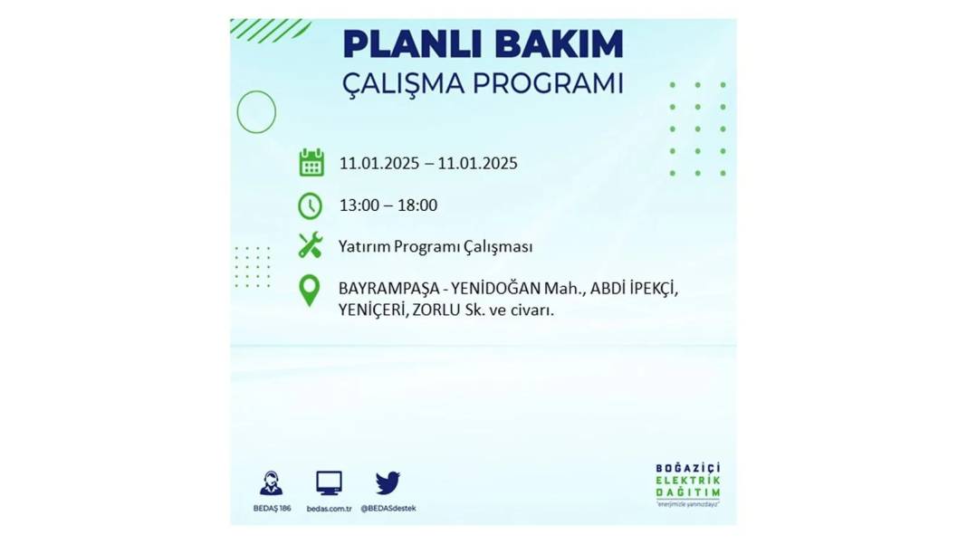 11 Ocak Cumartesi elektrik kesintisi: BEDAŞ 11 Ocak Cumartesi günü elektrik kesintisi yaşayacak ilçeleri sıraladı 17