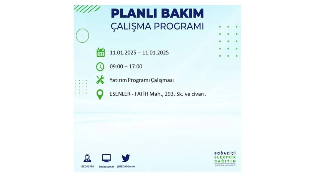 11 Ocak Cumartesi elektrik kesintisi: BEDAŞ 11 Ocak Cumartesi günü elektrik kesintisi yaşayacak ilçeleri sıraladı 15