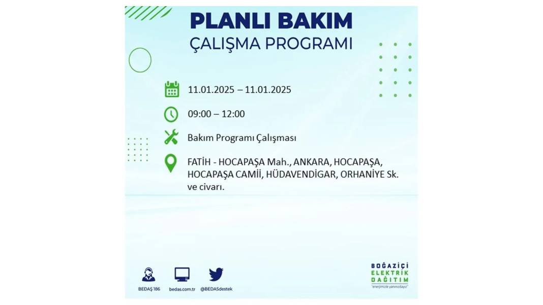 11 Ocak Cumartesi elektrik kesintisi: BEDAŞ 11 Ocak Cumartesi günü elektrik kesintisi yaşayacak ilçeleri sıraladı 12