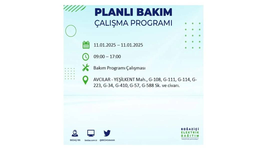 11 Ocak Cumartesi elektrik kesintisi: BEDAŞ 11 Ocak Cumartesi günü elektrik kesintisi yaşayacak ilçeleri sıraladı 26