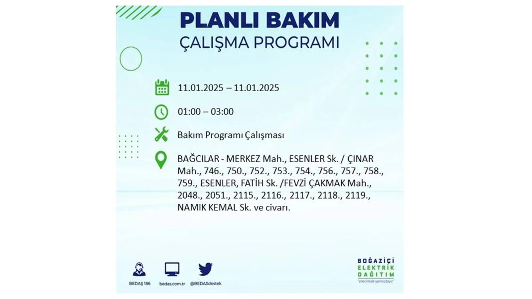 11 Ocak Cumartesi elektrik kesintisi: BEDAŞ 11 Ocak Cumartesi günü elektrik kesintisi yaşayacak ilçeleri sıraladı 25