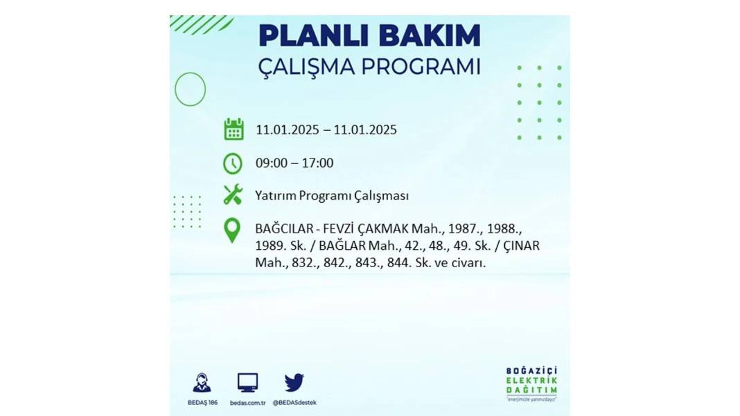 11 Ocak Cumartesi elektrik kesintisi: BEDAŞ 11 Ocak Cumartesi günü elektrik kesintisi yaşayacak ilçeleri sıraladı 24