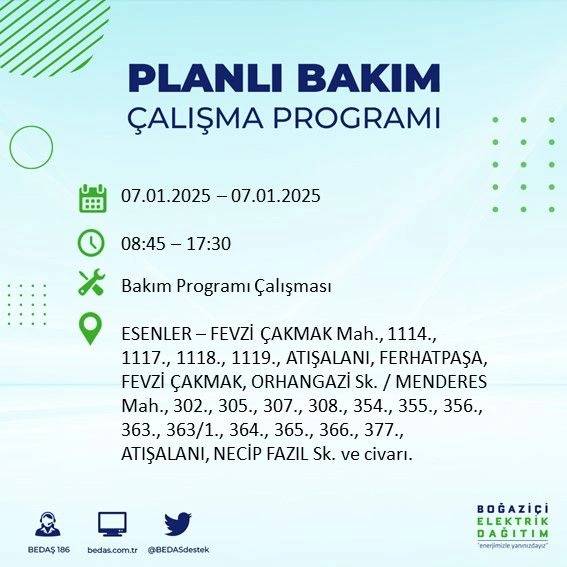 BEDAŞ o ilçeleri teker teker sıraladı: 7 Ocak Salı İstanbul elektrik kesintisi 11