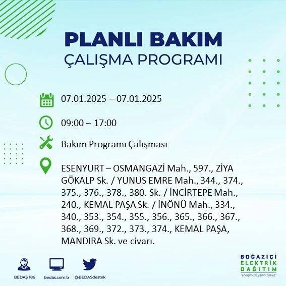 BEDAŞ o ilçeleri teker teker sıraladı: 7 Ocak Salı İstanbul elektrik kesintisi 8