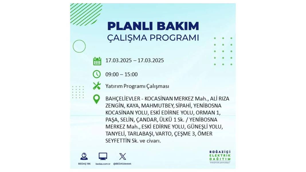 17 Mart Pazartesi elektrik kesintisi: BEDAŞ elektrik kesintisi yaşayacak ilçeleri sıraladı. Elektrikler ne zaman gelecek? 60