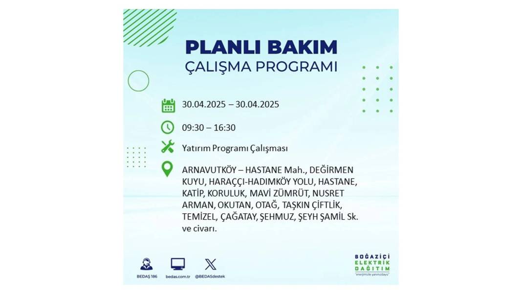 SAATLERCE ELEKTRİK OLMAYACAK: BEDAŞ 30 Nisan Çarşamba günü elektrik kesintisi yaşayacak ilçeleri sıraladı 65