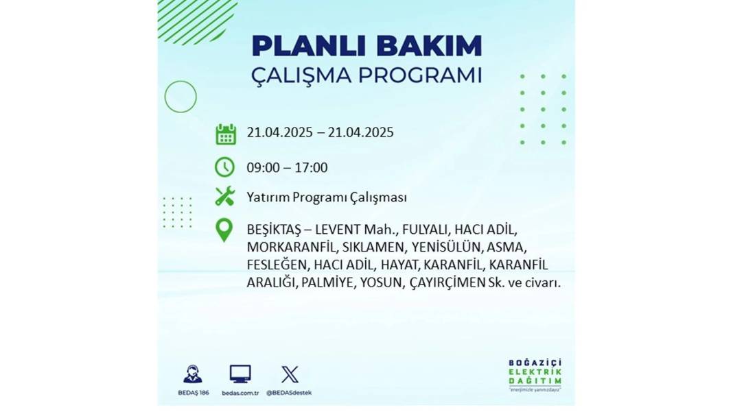 21 NİSAN PAZARTESİ ELEKTRİK OLMAYACAK: BEDAŞ elektrik kesintisi yaşayacak ilçeleri sıraladı. Elektrikler ne zaman gelecek? 49