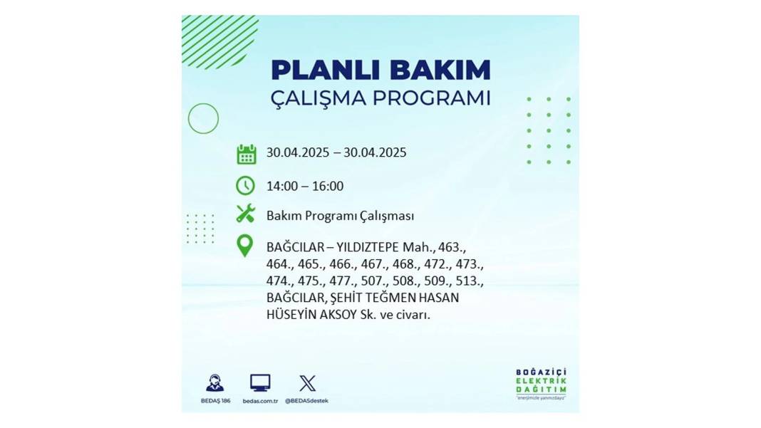 SAATLERCE ELEKTRİK OLMAYACAK: BEDAŞ 30 Nisan Çarşamba günü elektrik kesintisi yaşayacak ilçeleri sıraladı 55