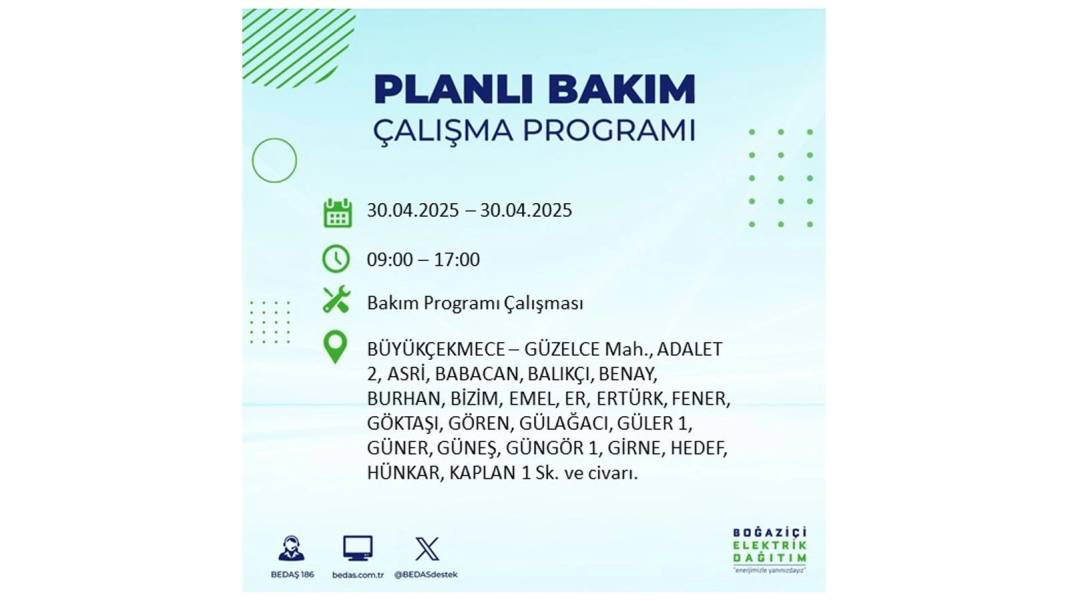 SAATLERCE ELEKTRİK OLMAYACAK: BEDAŞ 30 Nisan Çarşamba günü elektrik kesintisi yaşayacak ilçeleri sıraladı 43