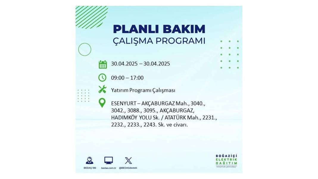 SAATLERCE ELEKTRİK OLMAYACAK: BEDAŞ 30 Nisan Çarşamba günü elektrik kesintisi yaşayacak ilçeleri sıraladı 37