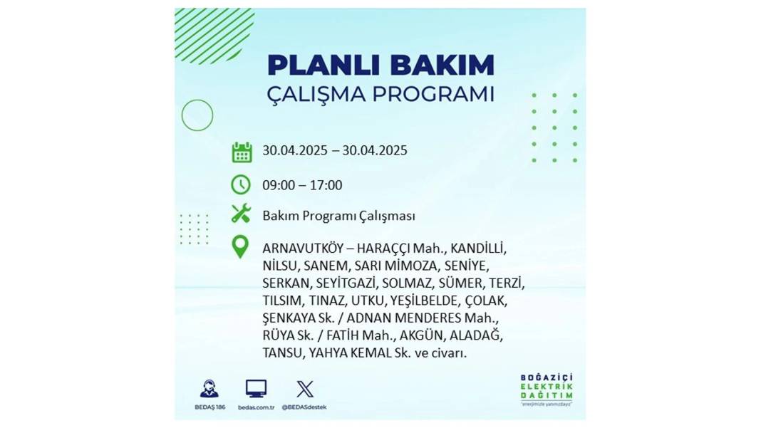 SAATLERCE ELEKTRİK OLMAYACAK: BEDAŞ 30 Nisan Çarşamba günü elektrik kesintisi yaşayacak ilçeleri sıraladı 63