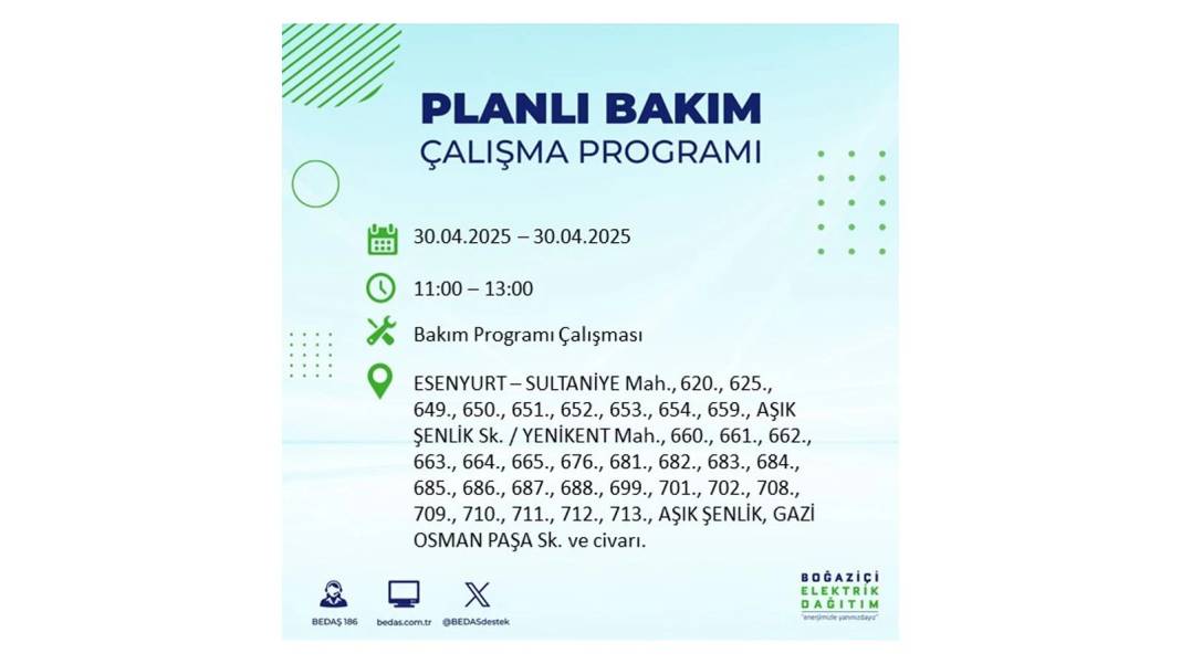 SAATLERCE ELEKTRİK OLMAYACAK: BEDAŞ 30 Nisan Çarşamba günü elektrik kesintisi yaşayacak ilçeleri sıraladı 39