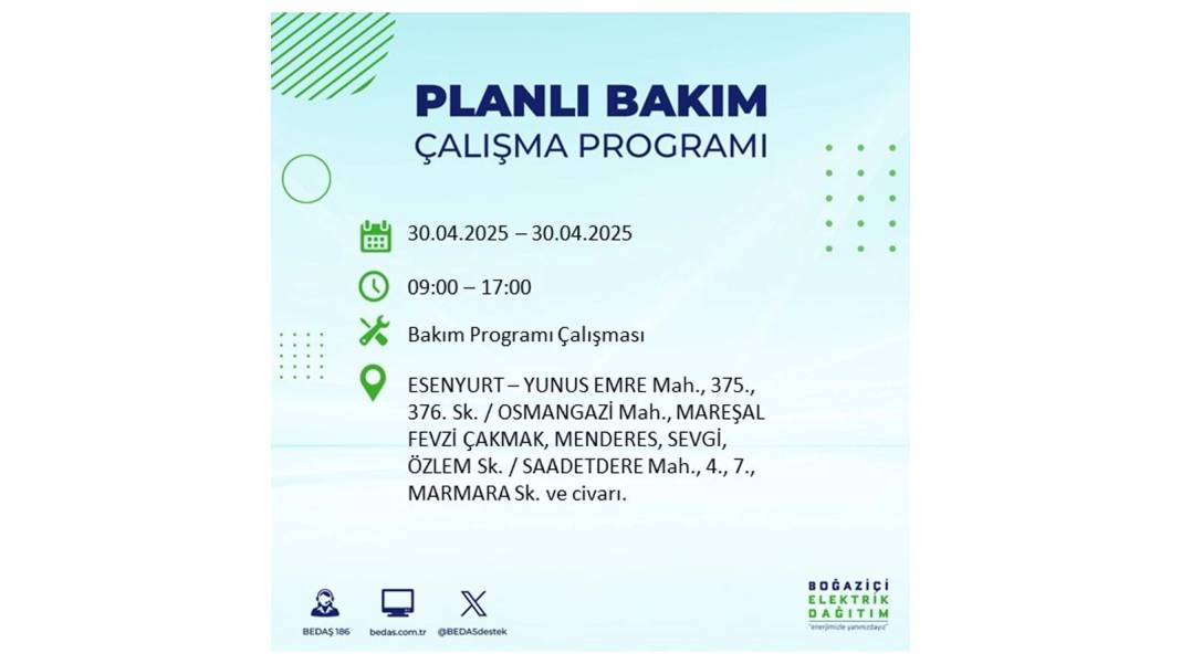 SAATLERCE ELEKTRİK OLMAYACAK: BEDAŞ 30 Nisan Çarşamba günü elektrik kesintisi yaşayacak ilçeleri sıraladı 35