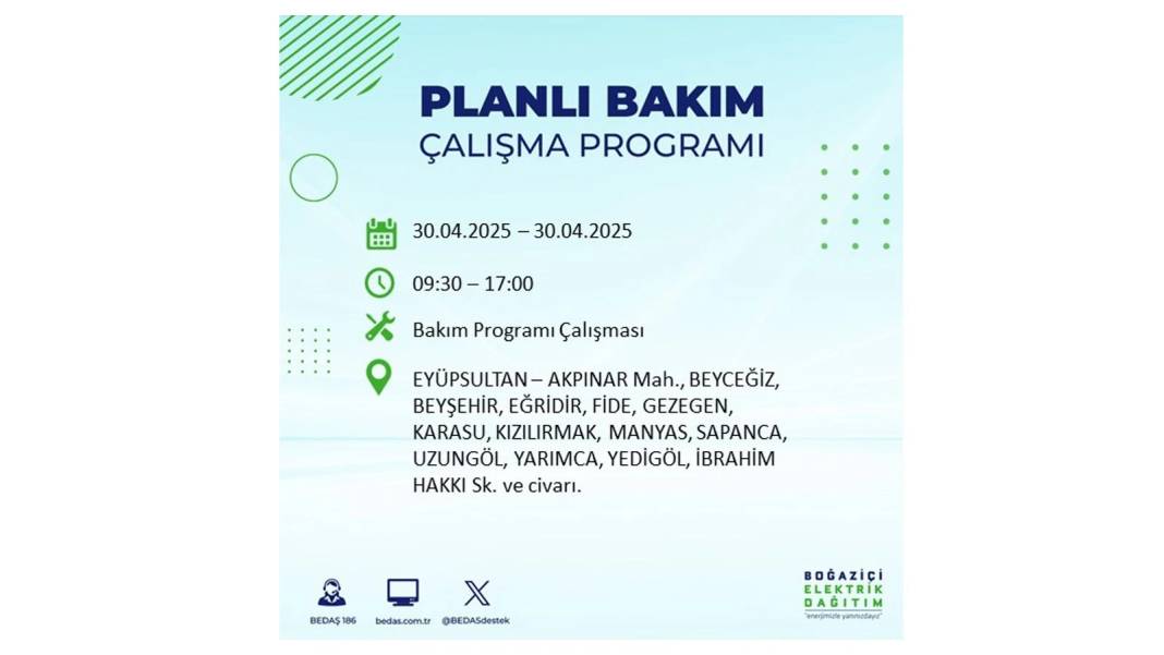 SAATLERCE ELEKTRİK OLMAYACAK: BEDAŞ 30 Nisan Çarşamba günü elektrik kesintisi yaşayacak ilçeleri sıraladı 33