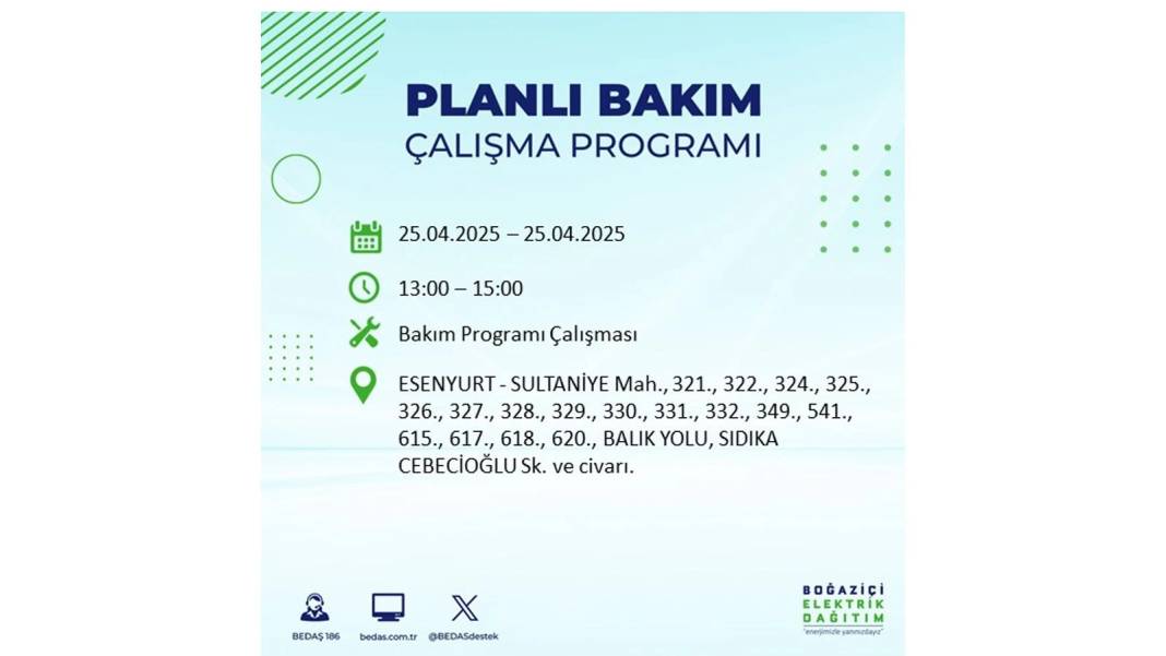 BÜYÜK ELEKTRİK KESİNTİSİ YAŞANACAK: BEDAŞ 25 Nisan Cuma günü için o ilçeleri uyardı! 44