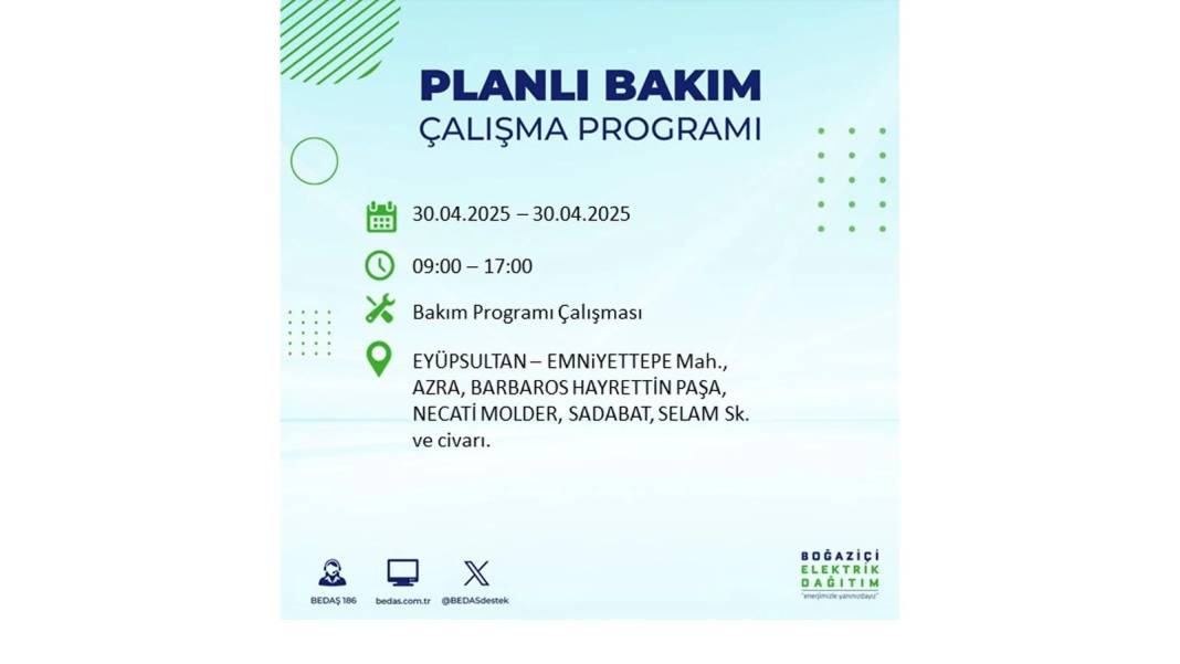 SAATLERCE ELEKTRİK OLMAYACAK: BEDAŞ 30 Nisan Çarşamba günü elektrik kesintisi yaşayacak ilçeleri sıraladı 31