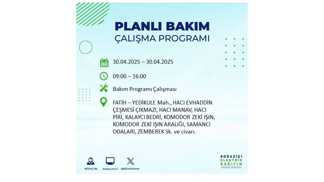 SAATLERCE ELEKTRİK OLMAYACAK: BEDAŞ 30 Nisan Çarşamba günü elektrik kesintisi yaşayacak ilçeleri sıraladı 30