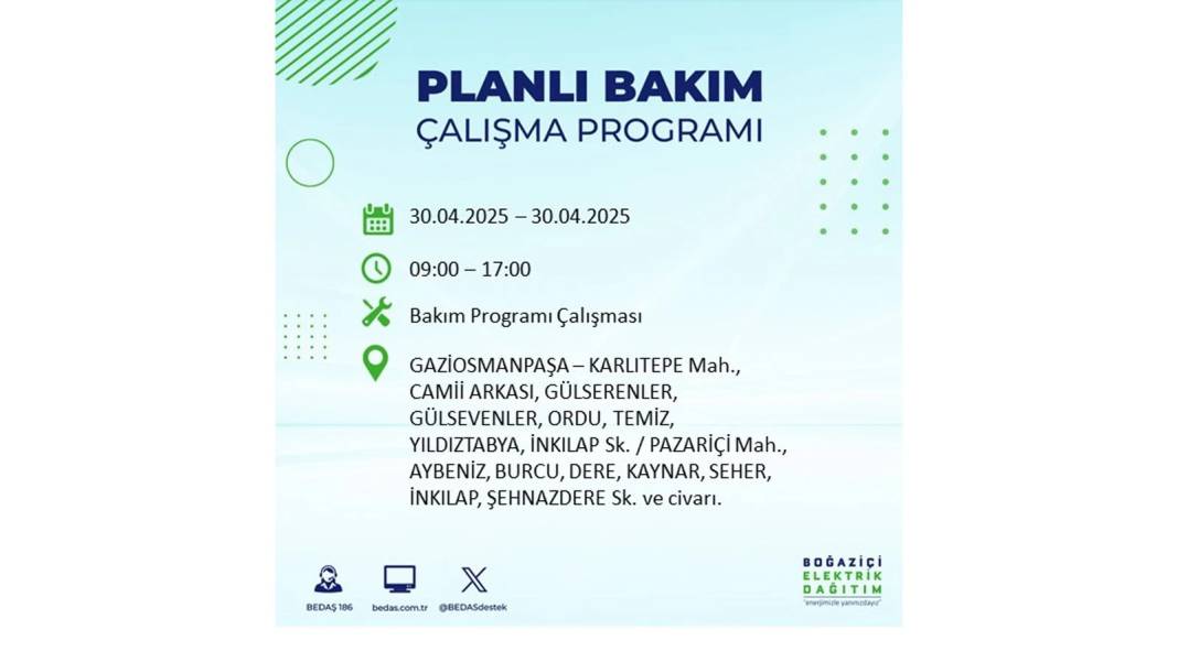SAATLERCE ELEKTRİK OLMAYACAK: BEDAŞ 30 Nisan Çarşamba günü elektrik kesintisi yaşayacak ilçeleri sıraladı 29