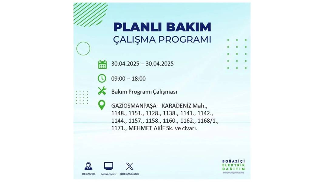 SAATLERCE ELEKTRİK OLMAYACAK: BEDAŞ 30 Nisan Çarşamba günü elektrik kesintisi yaşayacak ilçeleri sıraladı 25