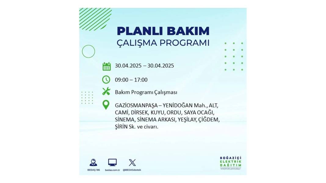 SAATLERCE ELEKTRİK OLMAYACAK: BEDAŞ 30 Nisan Çarşamba günü elektrik kesintisi yaşayacak ilçeleri sıraladı 24