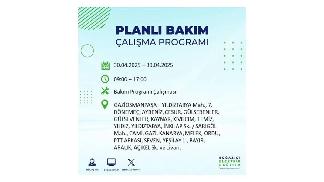 SAATLERCE ELEKTRİK OLMAYACAK: BEDAŞ 30 Nisan Çarşamba günü elektrik kesintisi yaşayacak ilçeleri sıraladı 22