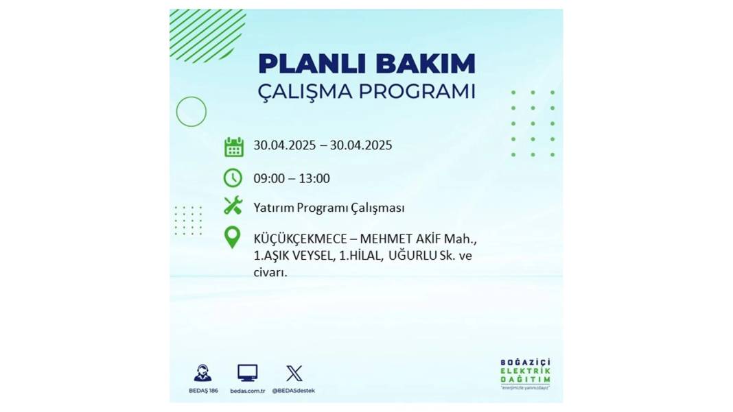 SAATLERCE ELEKTRİK OLMAYACAK: BEDAŞ 30 Nisan Çarşamba günü elektrik kesintisi yaşayacak ilçeleri sıraladı 20