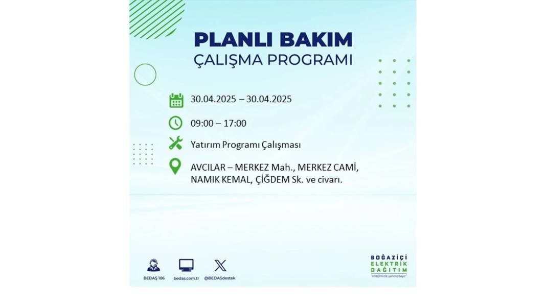 SAATLERCE ELEKTRİK OLMAYACAK: BEDAŞ 30 Nisan Çarşamba günü elektrik kesintisi yaşayacak ilçeleri sıraladı 66