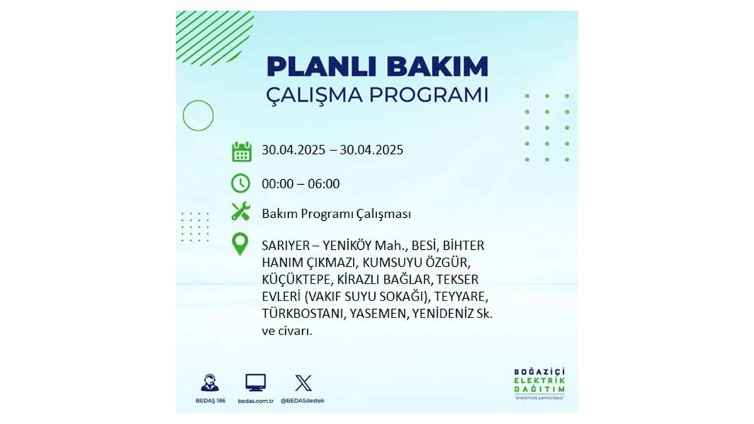 SAATLERCE ELEKTRİK OLMAYACAK: BEDAŞ 30 Nisan Çarşamba günü elektrik kesintisi yaşayacak ilçeleri sıraladı 12