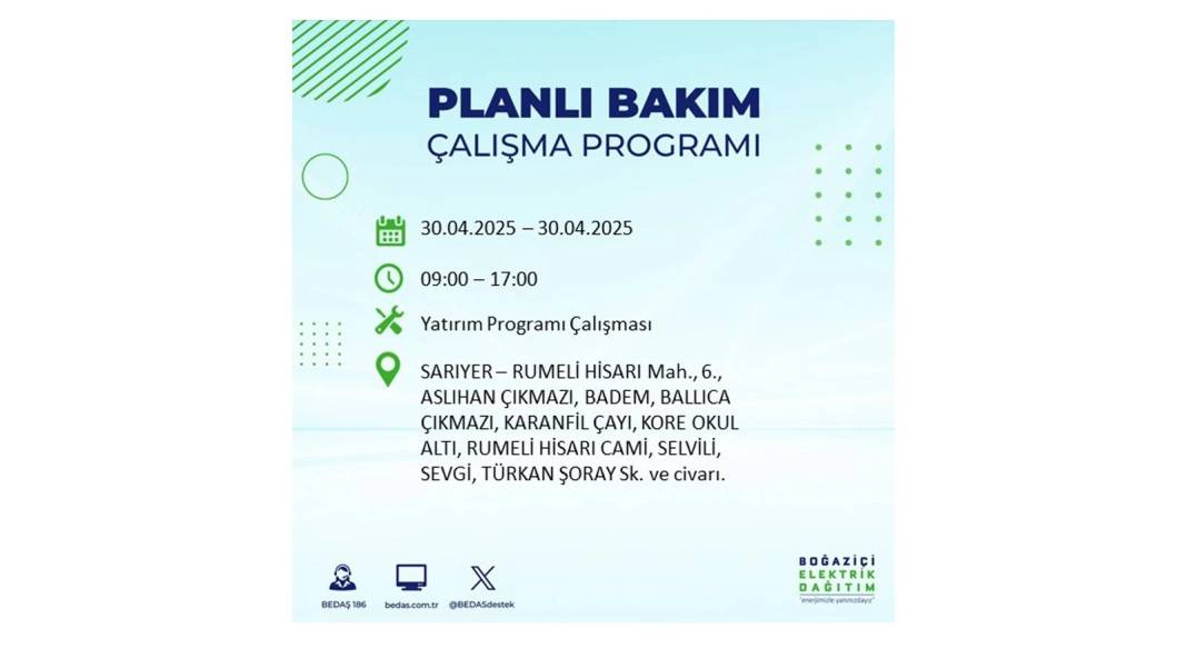 SAATLERCE ELEKTRİK OLMAYACAK: BEDAŞ 30 Nisan Çarşamba günü elektrik kesintisi yaşayacak ilçeleri sıraladı 14