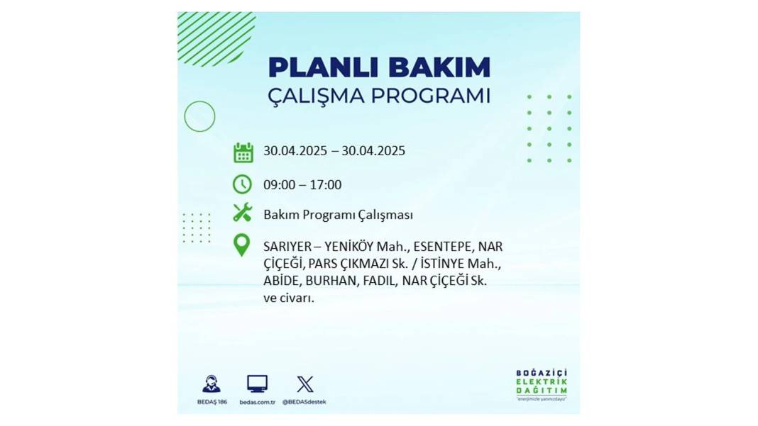 SAATLERCE ELEKTRİK OLMAYACAK: BEDAŞ 30 Nisan Çarşamba günü elektrik kesintisi yaşayacak ilçeleri sıraladı 13