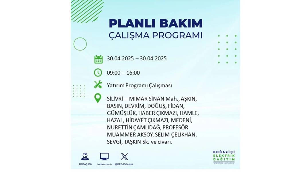SAATLERCE ELEKTRİK OLMAYACAK: BEDAŞ 30 Nisan Çarşamba günü elektrik kesintisi yaşayacak ilçeleri sıraladı 7