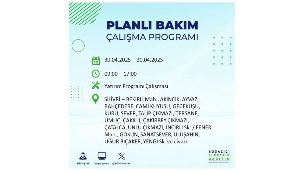 SAATLERCE ELEKTRİK OLMAYACAK: BEDAŞ 30 Nisan Çarşamba günü elektrik kesintisi yaşayacak ilçeleri sıraladı 11