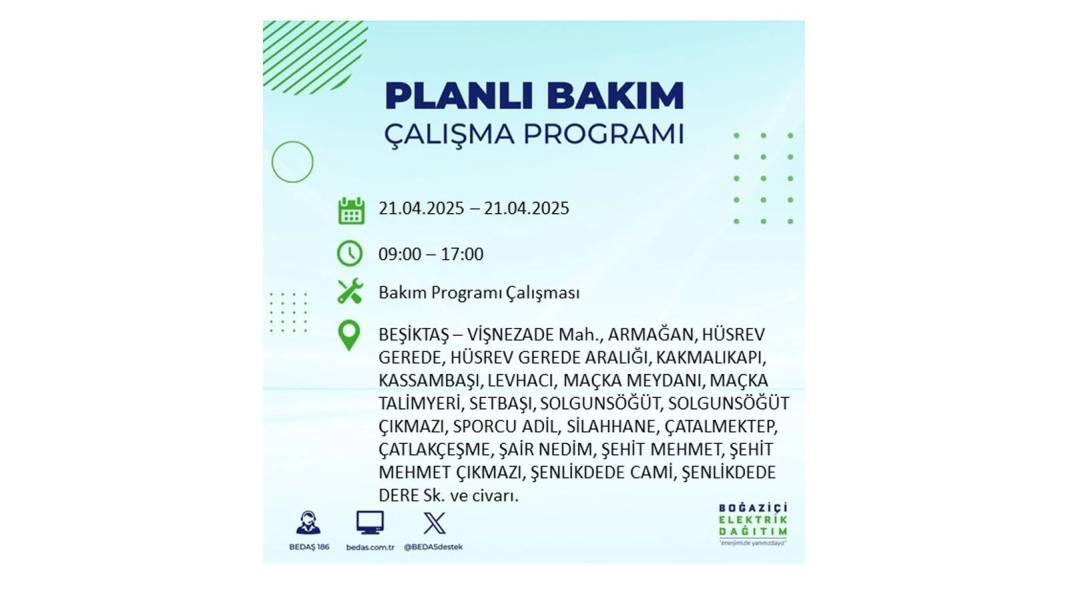 21 NİSAN PAZARTESİ ELEKTRİK OLMAYACAK: BEDAŞ elektrik kesintisi yaşayacak ilçeleri sıraladı. Elektrikler ne zaman gelecek? 50
