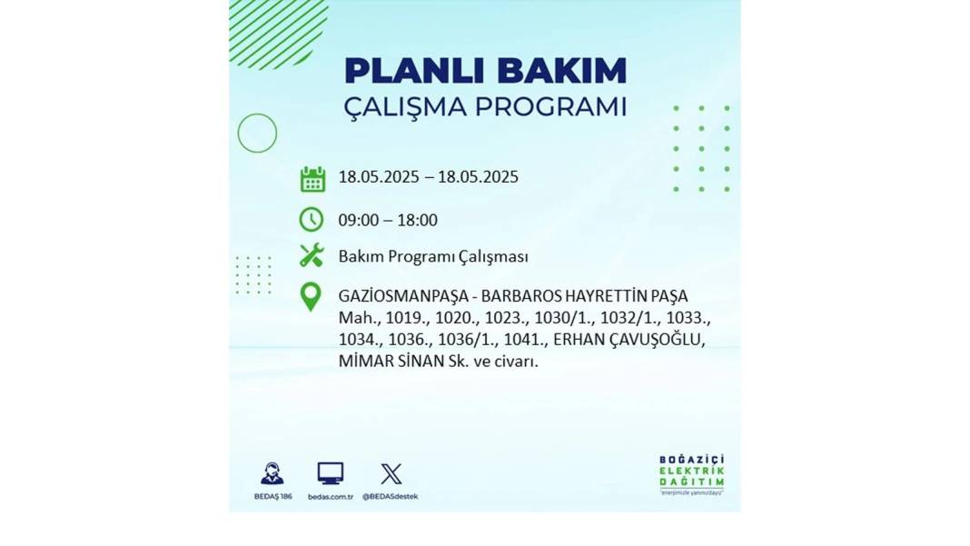 PAZAR GÜNÜ O İLÇELERDE ELEKTRİK OLMAYACAK: BEDAŞ 18 Mayıs Pazar günü elektrik kesintisi yaşayacak ilçeleri sıraladı! 1