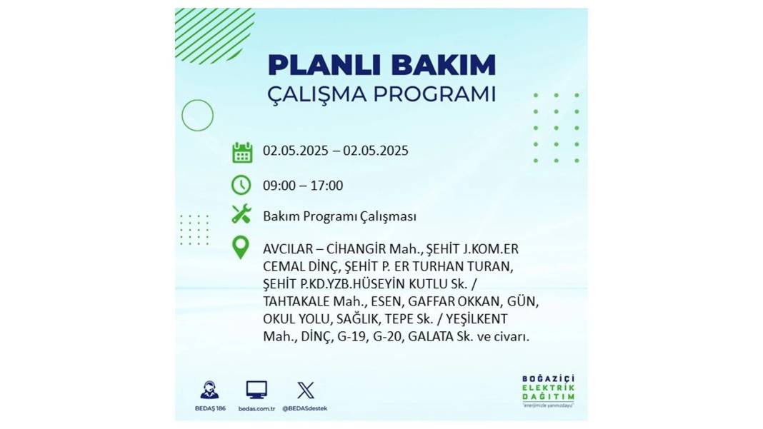 SAATLERCE ELEKTRİK OLMAYACAK: 2 Mayıs Cuma İstanbul elektrik kesintisi. BEDAŞ o ilçeleri sıraladı 87