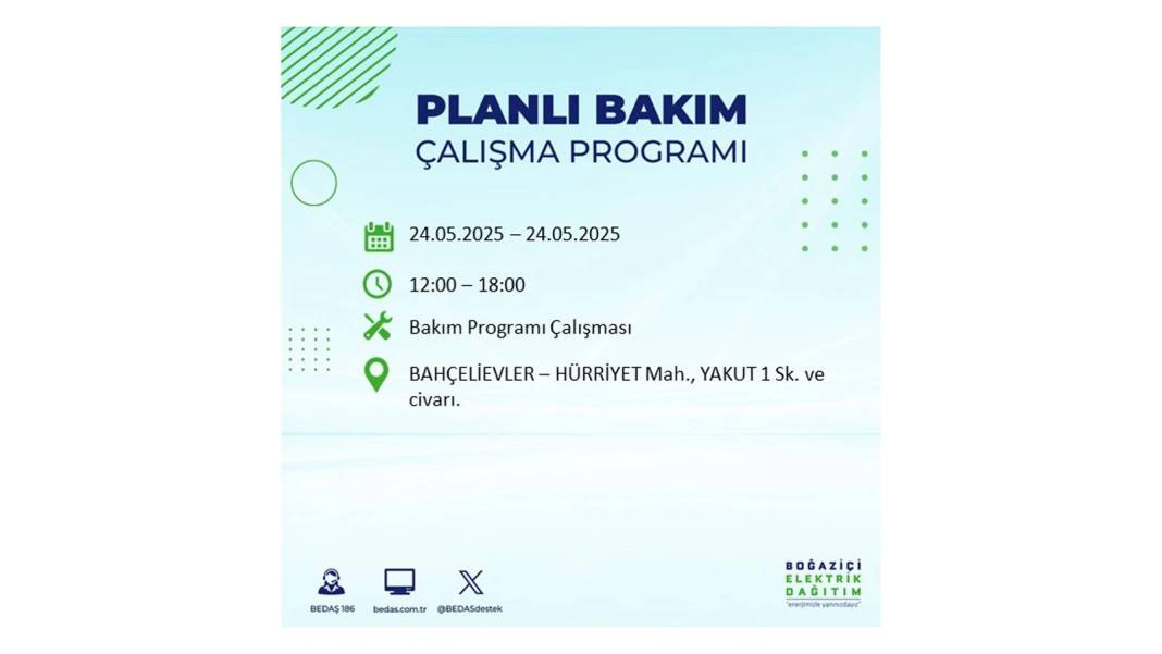 BÜYÜK KESİNTİ YAŞANACAK: BEDAŞ 24 Mayıs Cumartesi günü elektrik kesintisi yaşayacak ilçeleri sıraladı 22