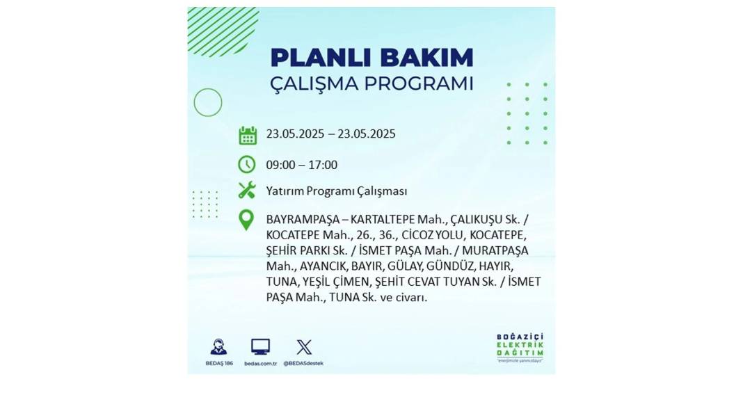 SAATLERCE ELEKTRİK OLMAYACAK: BEDAŞ 23 Mayıs Cuma günü o ilçelerde elektrik kesintisi yaşanacağını duyurdu! 49