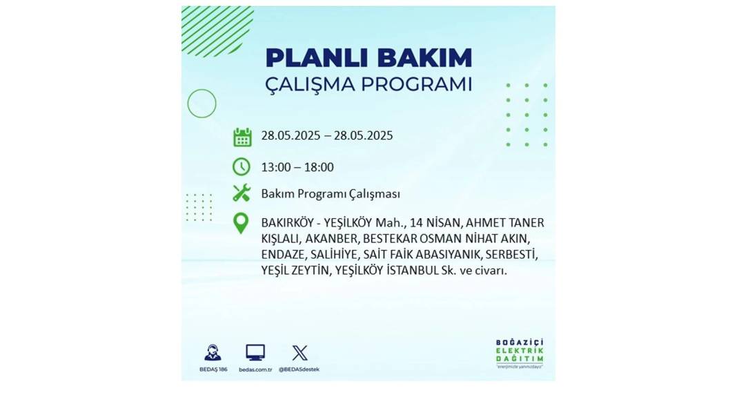 SAATLERCE ELEKTRİK OLMAYACAK: BEDAŞ 28 Mayıs Çarşamba elektrik kesintisi yaşayacak ilçeleri sıraladı 69