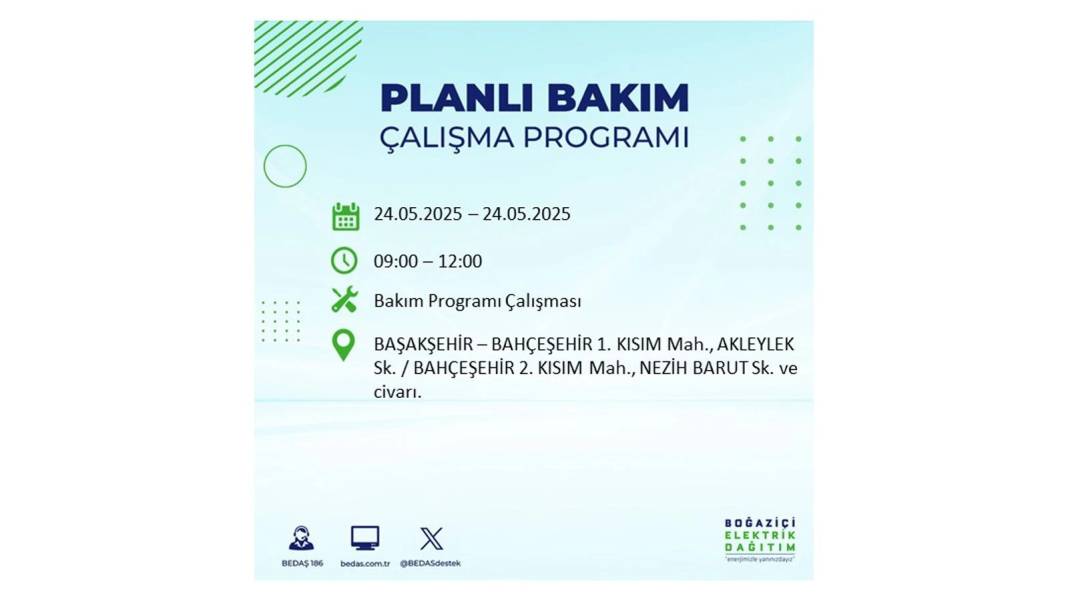 BÜYÜK KESİNTİ YAŞANACAK: BEDAŞ 24 Mayıs Cumartesi günü elektrik kesintisi yaşayacak ilçeleri sıraladı 17