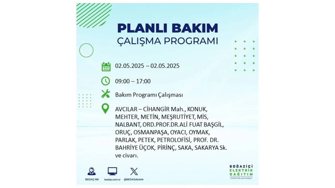 SAATLERCE ELEKTRİK OLMAYACAK: 2 Mayıs Cuma İstanbul elektrik kesintisi. BEDAŞ o ilçeleri sıraladı 81
