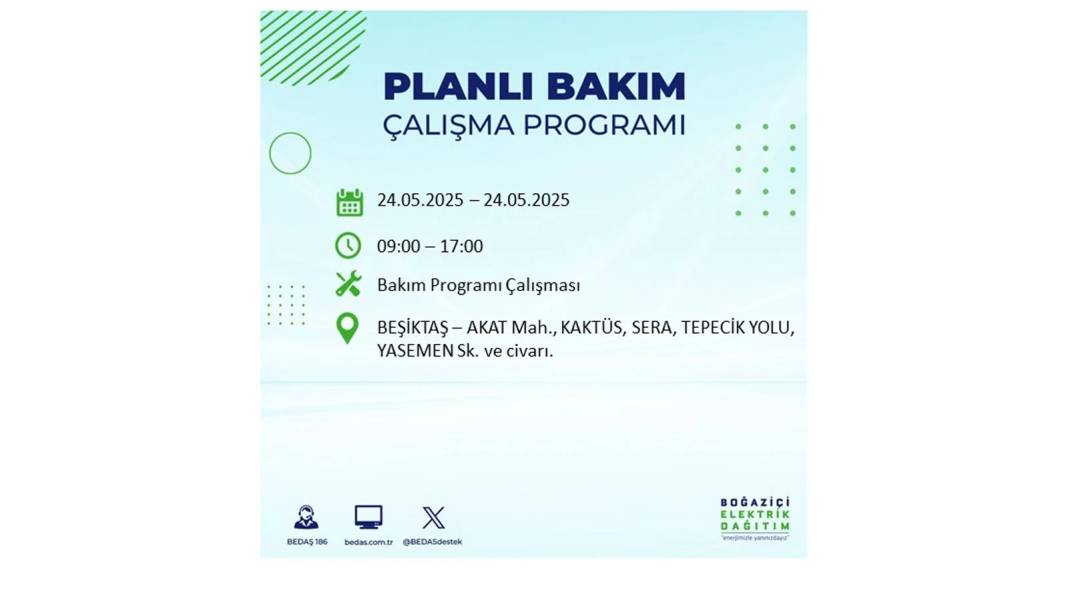 BÜYÜK KESİNTİ YAŞANACAK: BEDAŞ 24 Mayıs Cumartesi günü elektrik kesintisi yaşayacak ilçeleri sıraladı 19