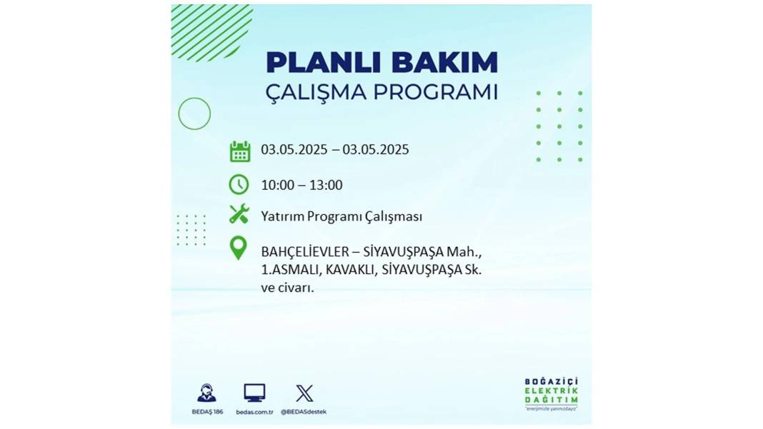 KARANLIĞA GÖMÜLECEKLER: 3 Mayıs Cumartesi elektrik kesintisi yaşayacak ilçeler belli oldu. BEDAŞ o ilçeleri uyardı! 33