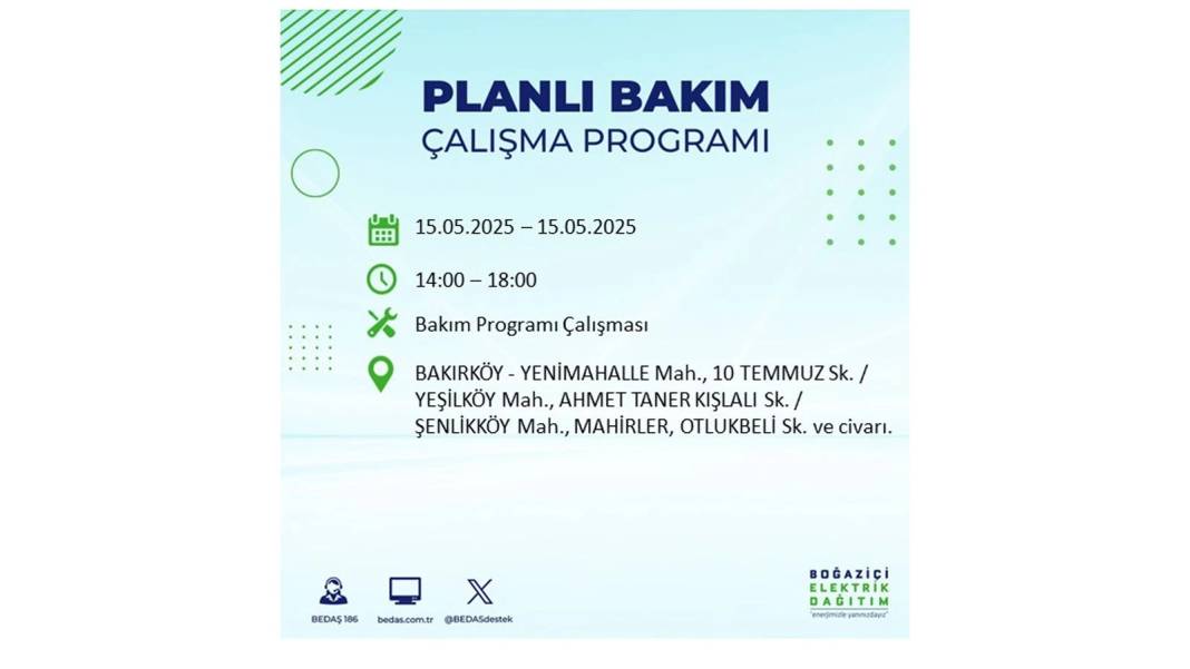 SAATLERCE ELEKTRİK OLMAYACAK: BEDAŞ 15 Mayıs Perşembe günü için o ilçeleri uyardı. Elektrikler ne zaman gelecek? 63