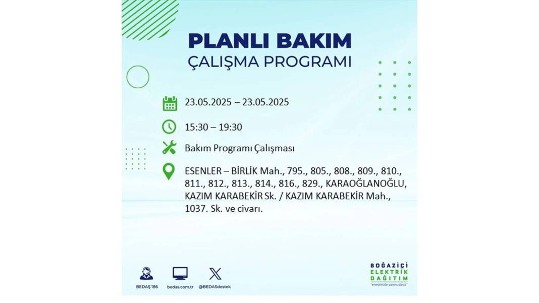 SAATLERCE ELEKTRİK OLMAYACAK: BEDAŞ 23 Mayıs Cuma günü o ilçelerde elektrik kesintisi yaşanacağını duyurdu! 44