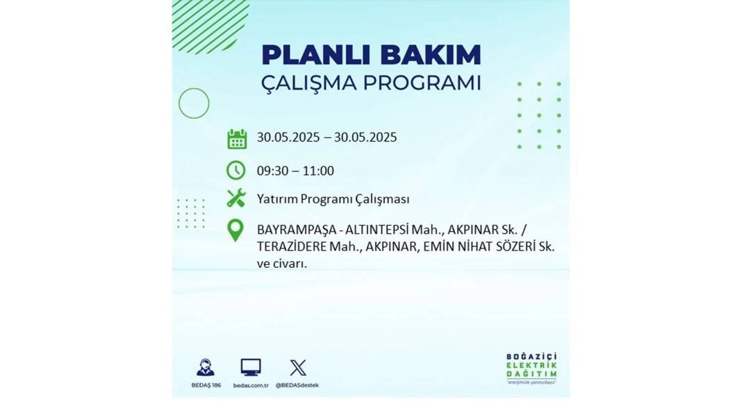 ELEKTRİKLER SAATLERCE OLMAYACAK: BEDAŞ 30 Mayıs Cuma günü elektrik kesintisi yaşayacak ilçeleri sıraladı 58
