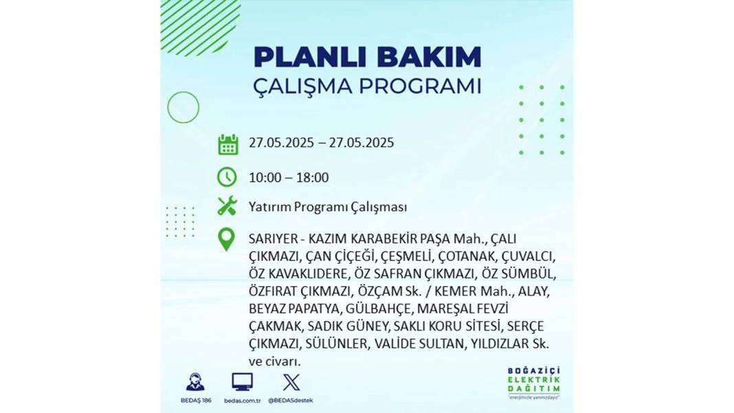 SAATLERCE ELEKTRİK OLMAYACAK: BEDAŞ 27 Mayıs Salı elektrik kesintisi yaşayacak ilçeleri uyardı! 77
