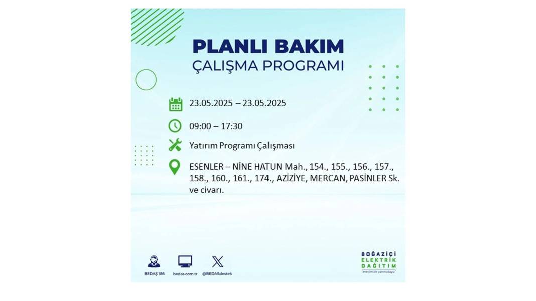 SAATLERCE ELEKTRİK OLMAYACAK: BEDAŞ 23 Mayıs Cuma günü o ilçelerde elektrik kesintisi yaşanacağını duyurdu! 43